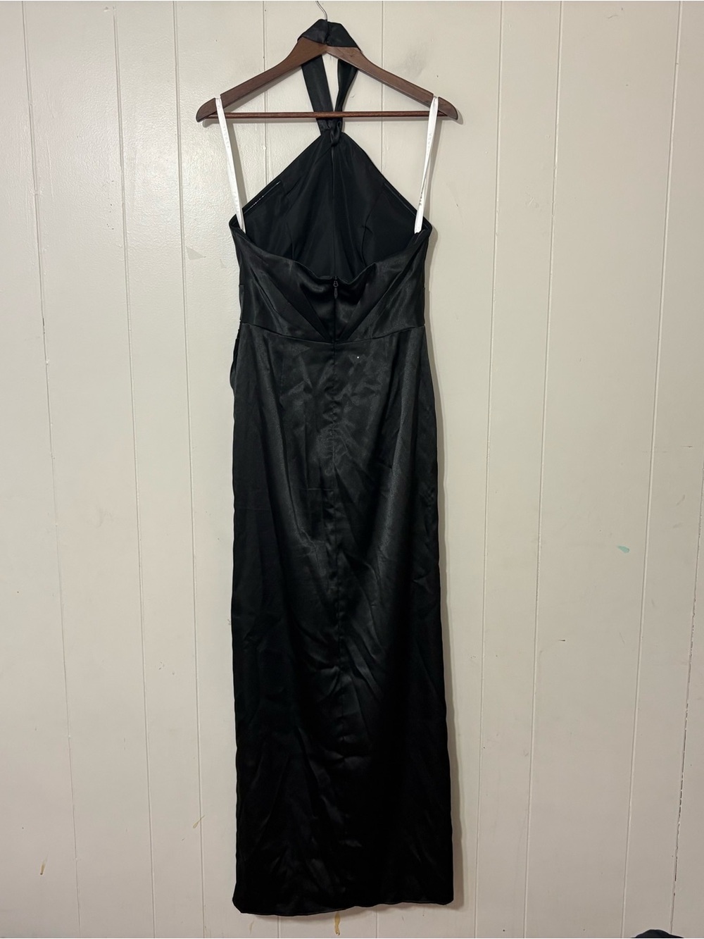 Azazie Zaya Black Satin Halter Dress A8 Formal Slit Sheath Pleated Prom Wedding - Picture 5 of 9